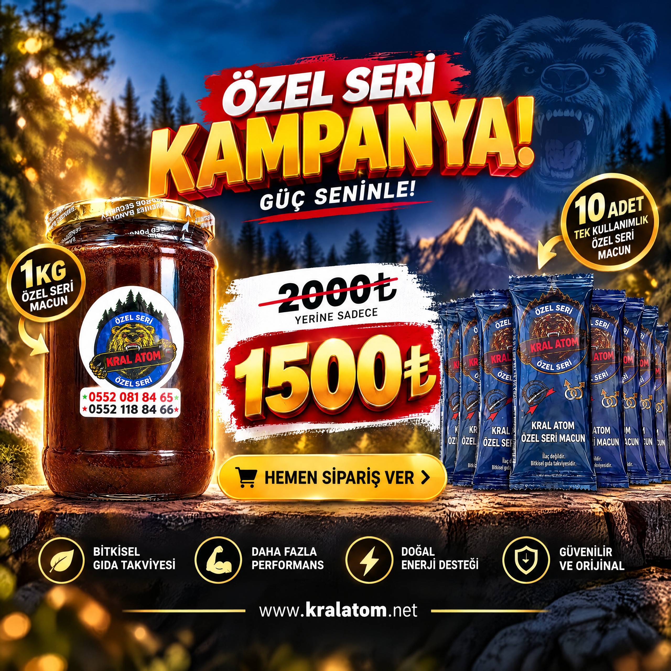 Kral Atom özel seri 1 kg kavanoz ve 10 adet tek kullanımlık paket